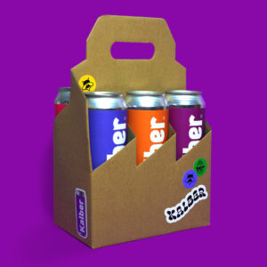 Pack de 6 birras, se ven 3 latas de colores variados en un pack de color madera con stickers de la marca